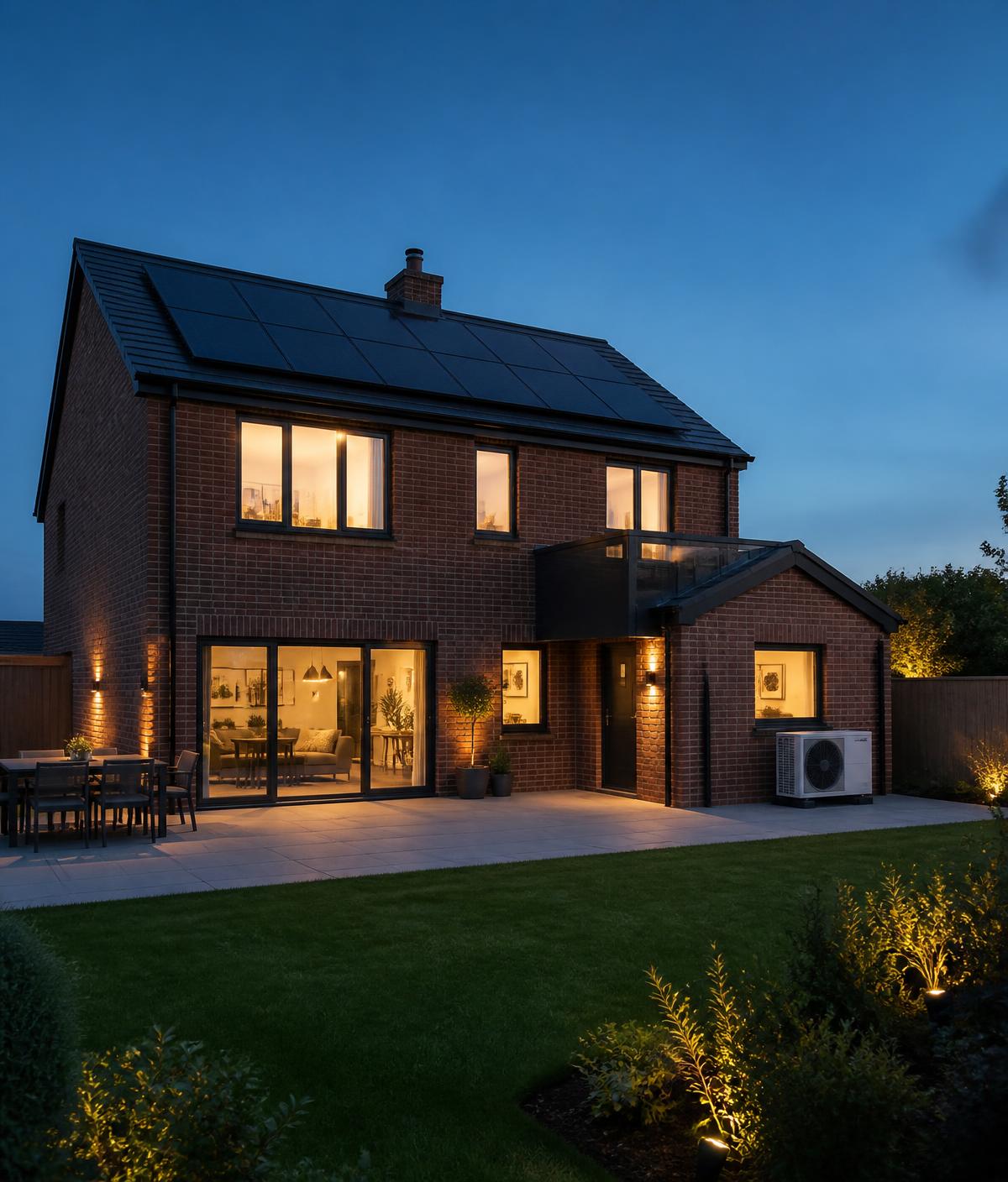 A modern British home at dusk with rooftop solar panels and an air source heat pump